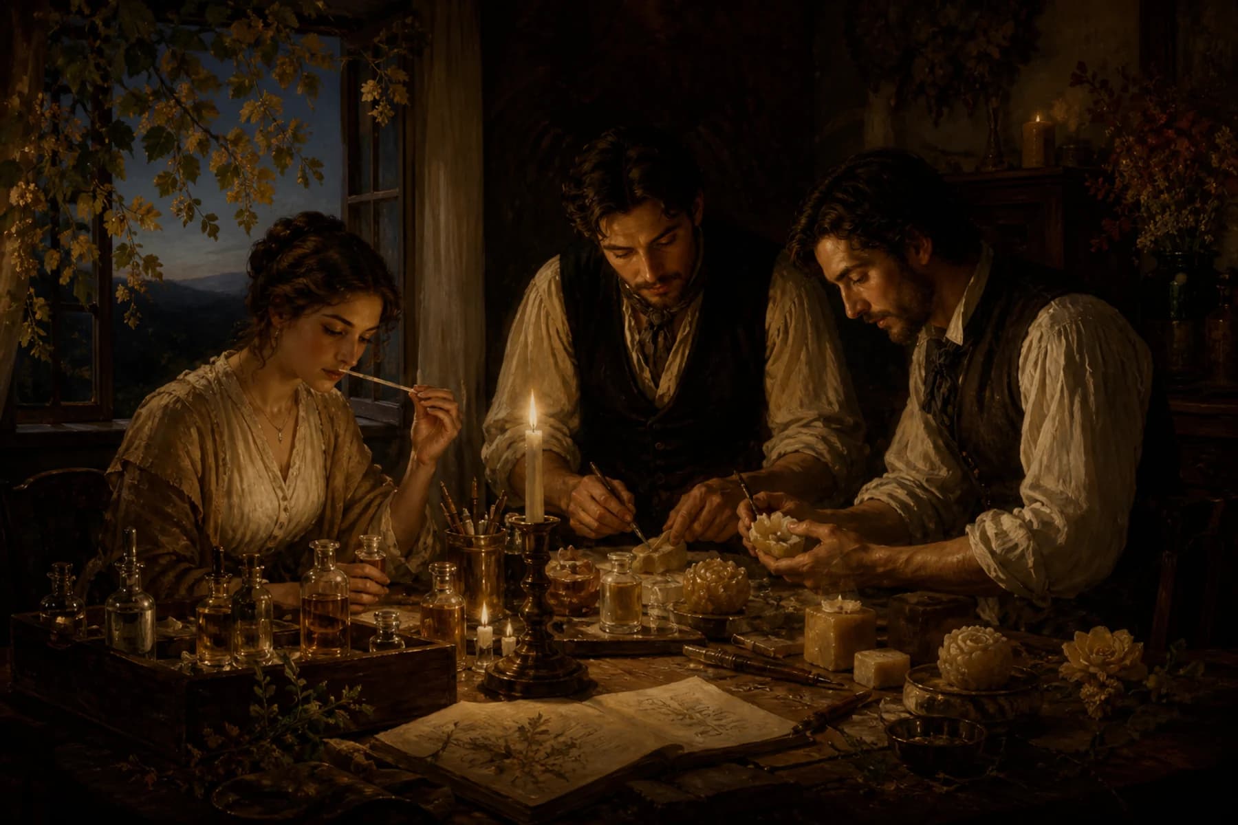 Symbolist illustration of the fictional Valvienne legend, with French and Romanian artisans in a manor workshop