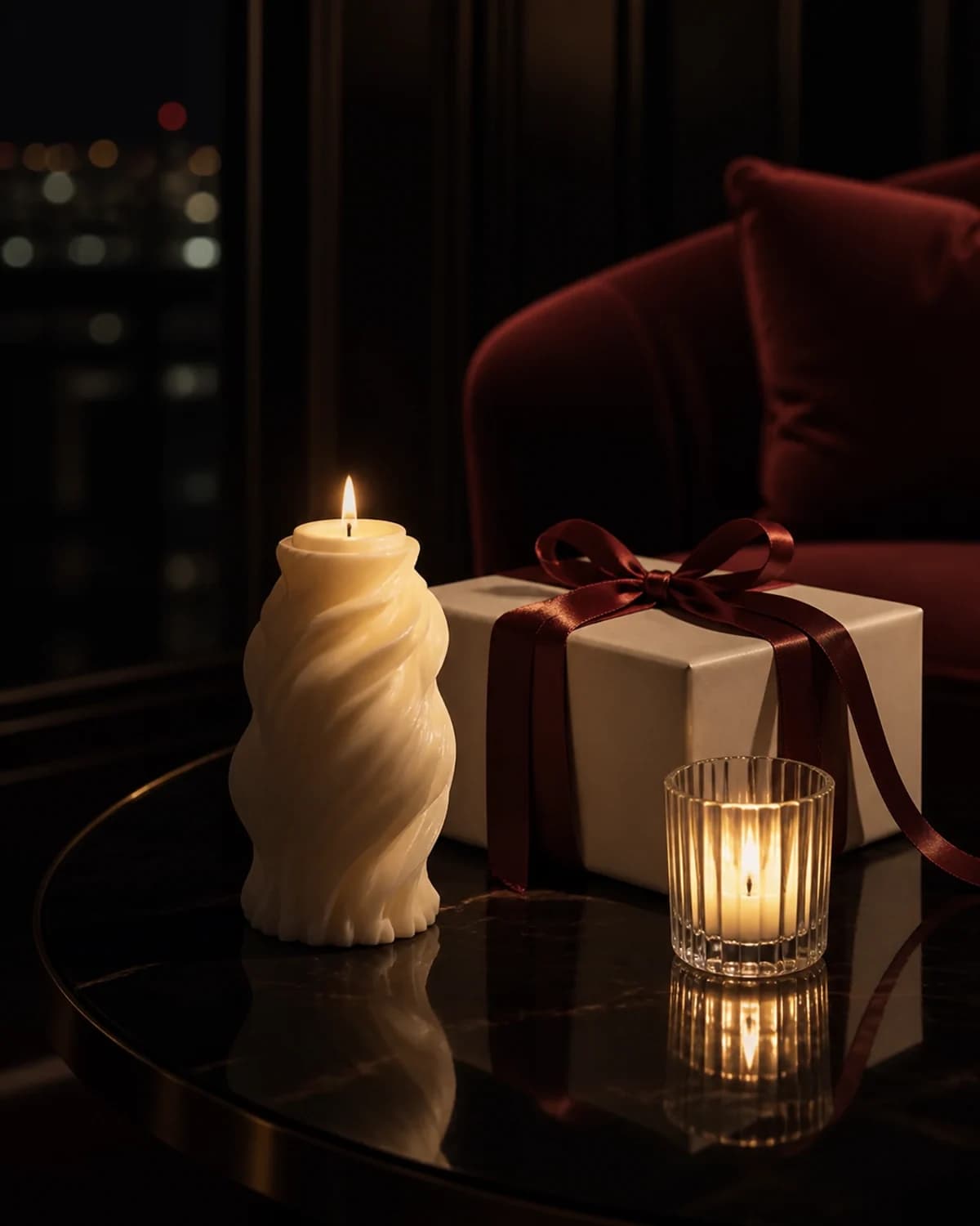Elegant gift and warm candlelight in a refined nocturnal interior